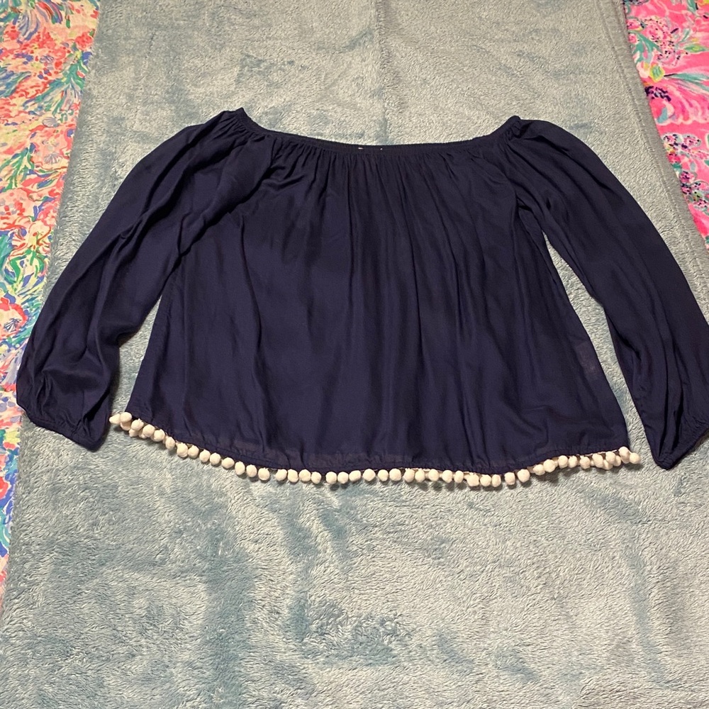 Lilly Pulitzer Navy Off-Shoulder Top with Pom-Pom Trim size S